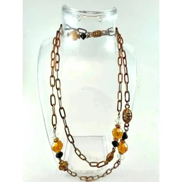 Brown Glass Bead Station Necklace Bronze Toned Tan Orange Black Chain 37" - Picture 8 of 9